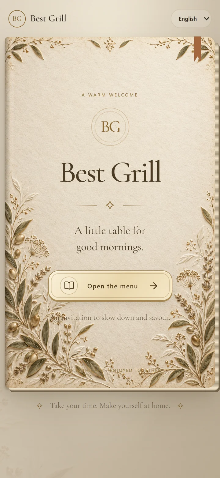 English restaurant welcome screen on a graphite phone