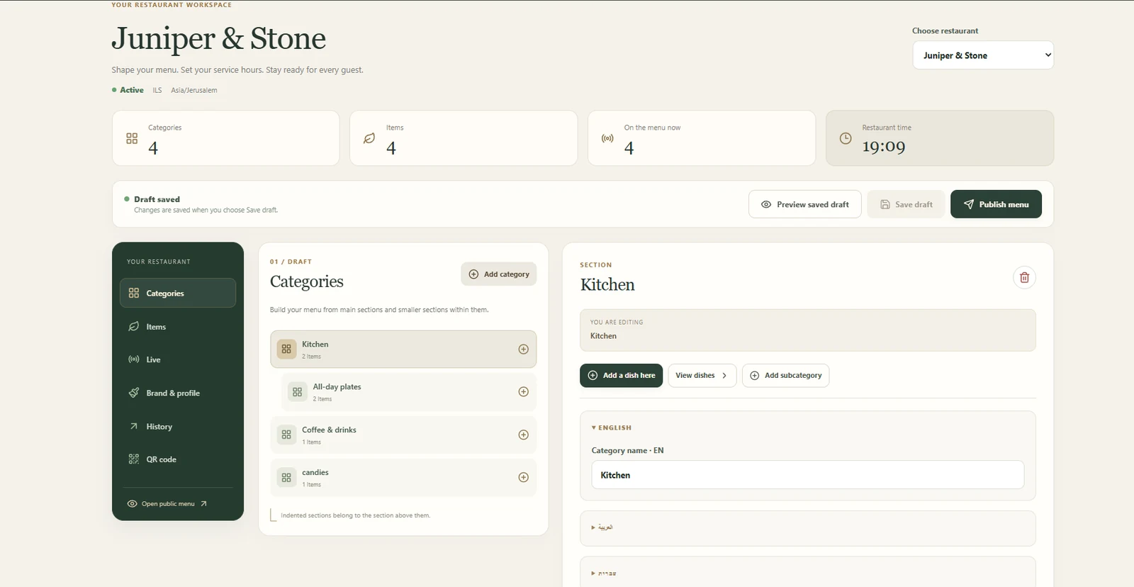 Restaurant owner workspace showing categories, dish editing, translations, preview and publish controls